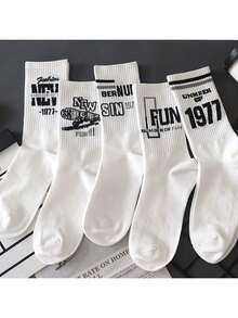 5双男士中筒袜，适合秋冬季节，水手风，防臭，百搭，美式运动字母设计，高筒袜，INS风格，全年皆可穿着 - 白色 - 查看 11