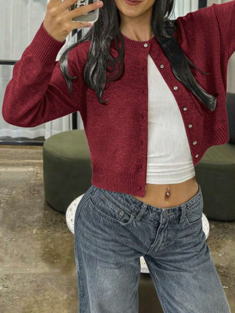 FOR BEAUTY 女士圆领扭结纽扣长袖针织开衫上衣，短款休闲宽松舒适酒红色毛衣外套，新年