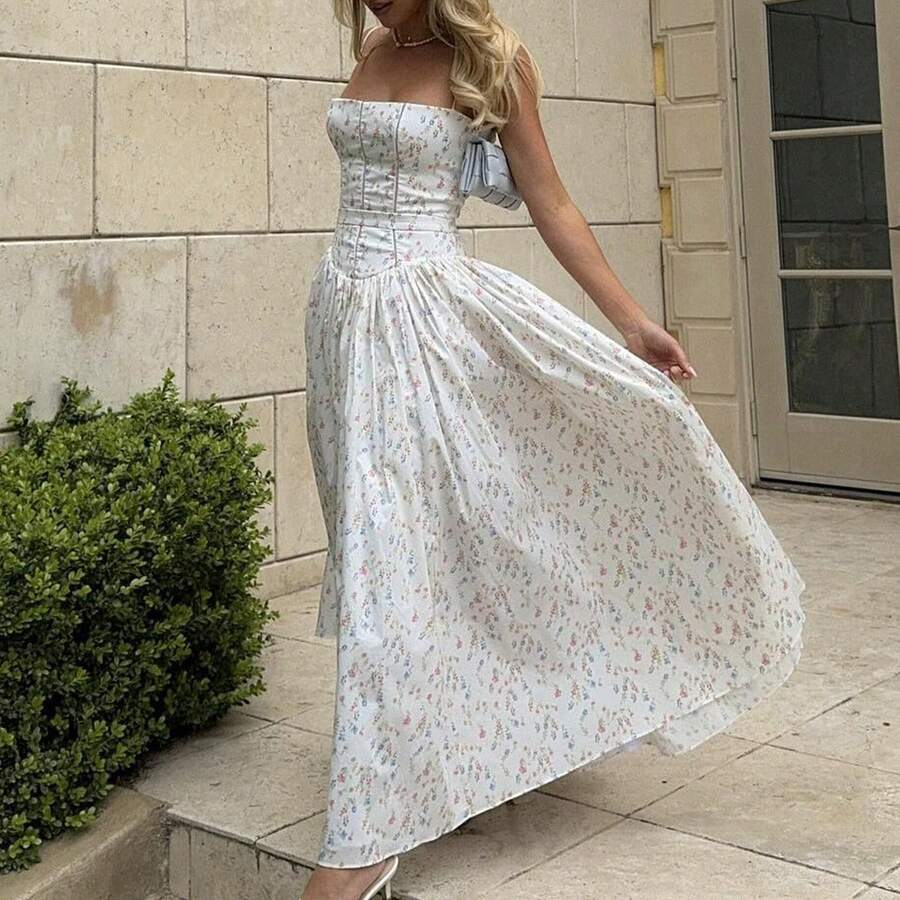 European And American Fashion Women's Floral Print Waist-Cinching Strap Dress New Summer Vacation Style French Long Dress For Women - 白色 - 查看 1
