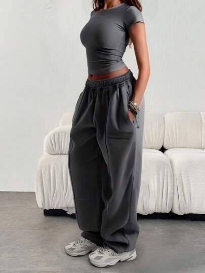 Women Casual Loose Solid Color Elastic Waist Sweatpants With Pockets