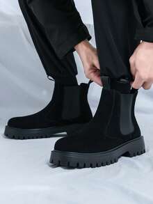 男士切尔西靴，一脚蹬圆头踝靴，欧式厚底工作靴，黑棕麂皮高帮靴，复古摩托靴，适合户外徒步和驾驶的复古休闲高帮鞋，哑光办公日常鞋，透气轻便防滑四季特大码男鞋38-46，商务正装办公踝靴 - 黑色 - 查看 9