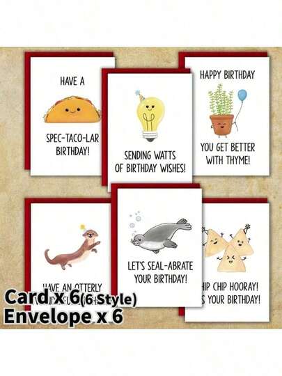 6pcs/Set Funny Birthday Greeting Cards With Envelopes, Humorous Pun Birthday Cards, Birthday Party Invitations, Suitable As Birthday Gifts For Family, Friends, Colleagues