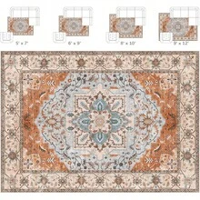 Washable Area Rug 5x7 - Soft Faux-Wool Area Rug Living Room Bedroom, Boho Vintage Floral Medallion Non-Slip Low Pile, Pet Friendly, Blue White - Orange Beige - View 4