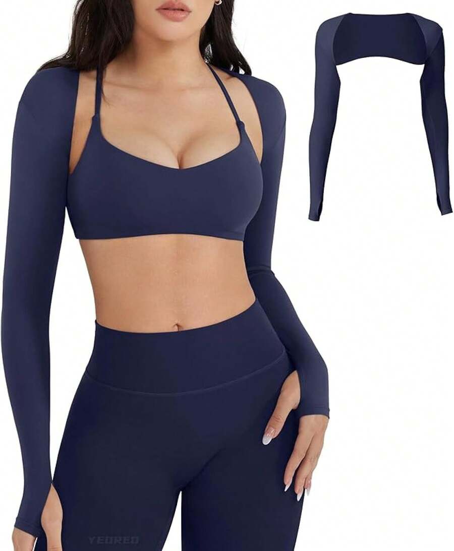 Women Crop Top Long Sleeve Bolero Open Front Workout Cropped Shirts Sports Shrug - Navy - View 1
