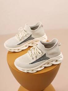 Women Breathable Knit Lightweight Cushioning Hollow Out Sole Lace-Up Sneakers Geometric Pattern Round Toe Low Top Platform Heel Running Shoes Casual Style Women Daily Walking Outdoor Spring Summer Beige Fabric Athletic Sneakers - Apricot - View 5