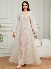 Kaftan/Jalabiya Longo Elegante Bordado Feminino, com Gola Redonda e Mangas Longas Regulares, Feito de Tecido Fluido Não Elástico, Ideal para Ocasiões Formais na Primavera - Damasco - Visão 1