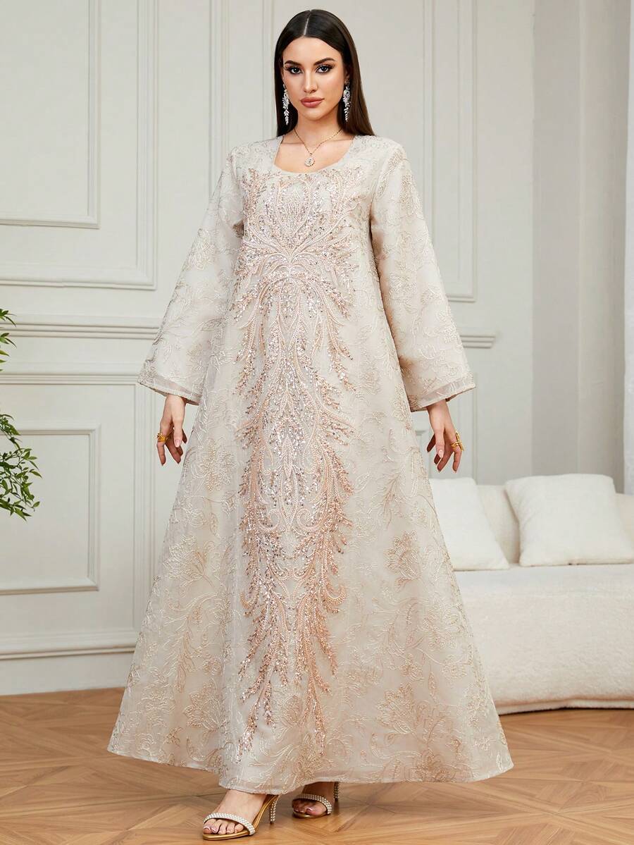 Kaftan/Jalabiya Longo Elegante Bordado Feminino, com Gola Redonda e Mangas Longas Regulares, Feito de Tecido Fluido Não Elástico, Ideal para Ocasiões Formais na Primavera - Damasco - Visão 1