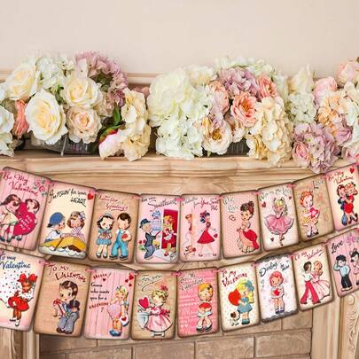 1 件复古情人节横幅，传统复古情人节彩旗，适用于家居、办公室、派对装饰，爱意满满的祝福横幅，可装饰墙壁和壁炉。