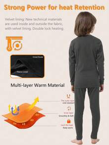 HOPLYNN Tween Boys' Thermal Compression Base Layer Top And Pants Set, Thermal Lined, Spring/Winter - Grey - View 3