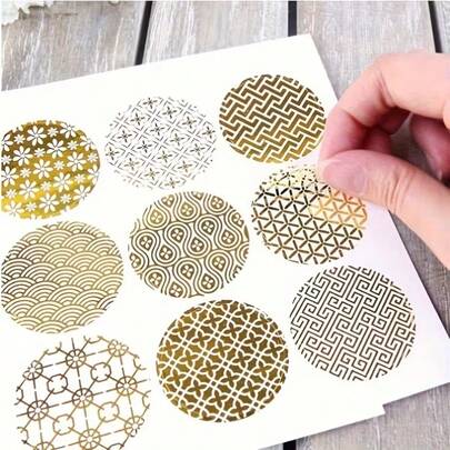 9/27pcs Round Golden Foil Metallic Stickers, Envelope Seals, Gift Warping Labels Stickers, Wedding Invitations Seal Sticker Eid Al-Adha Mubarak