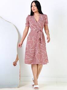 Women's Midi Dress With Geometric Print, A-Line Silhouette, Short Puff Sleeves, And A Crossover Hem With A Belt. - Retro Red - View 3
