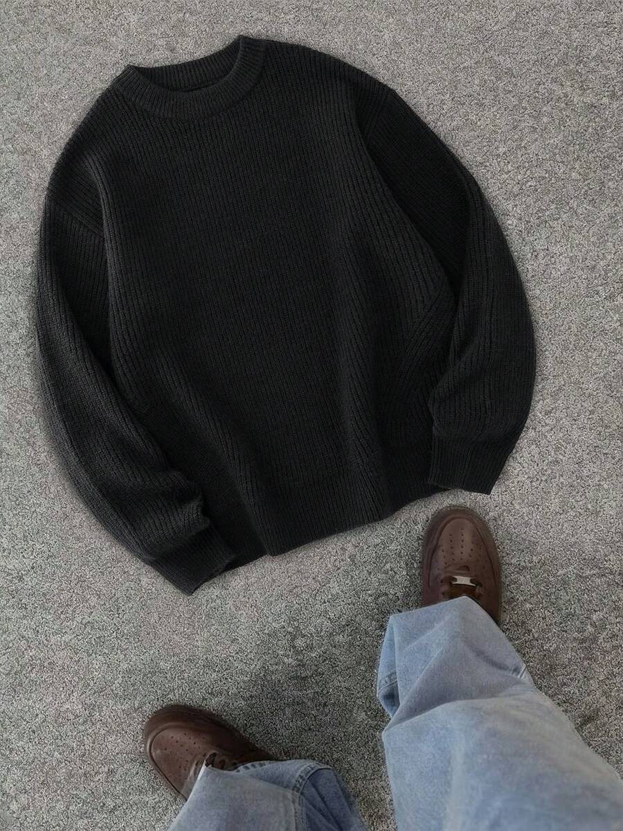 Men's Casual Solid Color Crew Neck Long Sleeve Sweater, Versatile For Spring And Autumn - Black - View 1