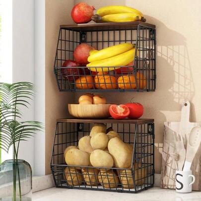 2pcs Stackable WallMounted Fruit Basket With Wooden Lid For Kitchen Storage Ideal Countertop Organizer For Snacks Fruits And Vegetables Dimensions 11.8 X 7.9 X 8.5 Inches Durable And Stylish Design For Efficient Kitchen Organization
