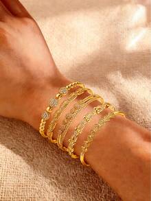 1 pieza/5 piezas Brazalete de cobre con circonita personalizado de moda, diseños diversos, personalizado distintivo, que muestra estilos únicos y sabiduría, regalo perfecto para el día de la madre - Dorado - Ver 3