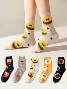 3 Pairs Random Assorted Colors Kids Socks Cartoon Cute Hamburger & Fries Pattern Boys Girls Versatile Mid-Calf Socks - Multicolor - View 13