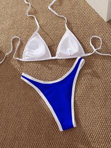 PEPPERMOLLY 全新纯色吊带性感比基尼，女士夏季沙滩时尚泳装套装 - 藍色 - 查看 3