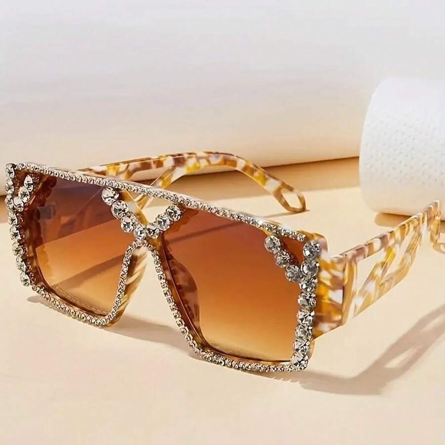 Women's Fashion Geometric Glasses With Crystal Rhinestones, Protective, Gradient Lenses, Tortoiseshell Frame - Perfect Birthday Gift For Her, Fashion Glasses - 亮黑色框架雙灰膜1 - 查看 1