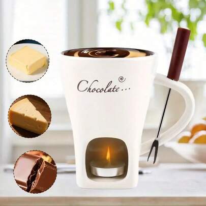 1-Piece Ceramic Chocolate Melting Pot With Fork, Chocolate Cup Fondue Pot, Ice Cream Fondue Cup, Cheese Fondue Cup, Suitable For Fruit, Marshmallows, Dipping - Dishwasher Chocolate Fountain, Perfect For Parties And Desserts.