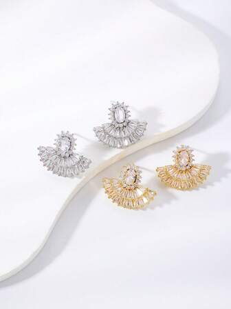 一对奢华几何立方氧化锆耳钉，铜合金优雅简约耳环