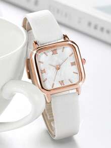 Bộ 5 chiếc đồng hồ thạch anh mặt vuông tối giản thời trang dành cho nữ + Bộ trang sức ngọc trai - trắng - Xem 7