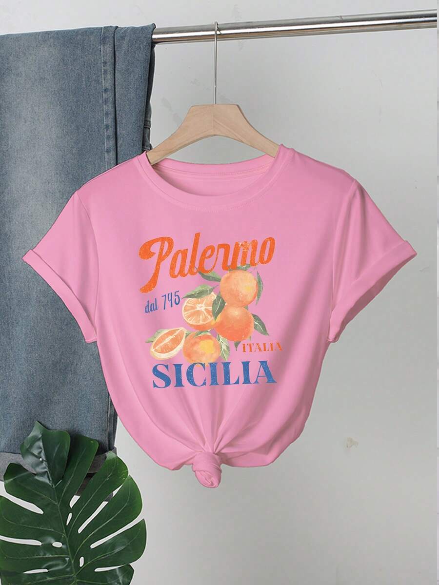 Women's Letter & Fruit Print Loose Fit Round Neck Drop Shoulder Casual T-Shirt - Pink - View 1