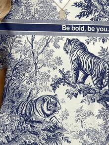 抽象动物印花图案T恤，休闲圆领短袖T恤，奢华秋季款，可爱女款，复古机场风白色夏季款 - 白色 - 查看 3