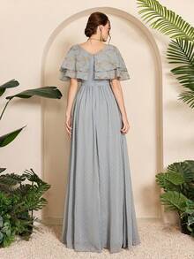 Mgiacy-Pop,New Arrival,Madam, V-Neck, Shawl Sleeves, Embroidered, Large Hem, Long Dress - Grey - View 2