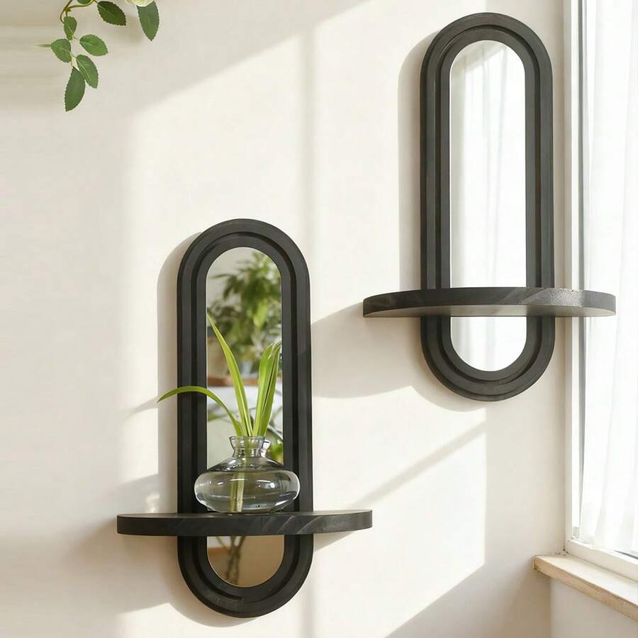 波西米亚风壁挂式装饰镜，实木镜面带置物架，适用于卧室、浴室、客厅、厨房墙面装饰 - 黑色 - 查看 1