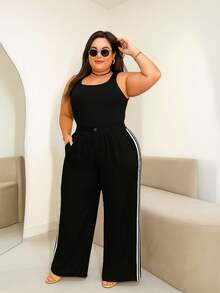 MODA MO, REF: MK002-MK003 (PLUS SIZE), Wide-Leg Pants, Side Stripes, High Waist, Tanning Fabric, Elegant, Wide Leg, Side Pockets, Vibrant Colors, Sophisticated, Modern, Formal, Spring, New Collection, Current Look, High Quality. - Black - View 2