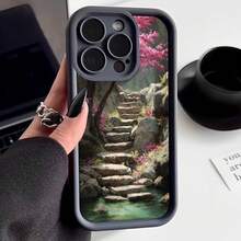 Cubierta de telefono con borde negro diseño de escaleras en bosque con flores rosadas y agua para uso diario y viajes - Negro - Ver 2
