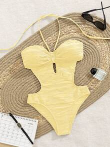 女士新款欧美风性感露背挂脖连体泳衣 - 淺黃色 - 查看 3