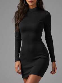 Plus Size Women Casual Solid Color Minimalist Long Sleeve T-Shirt Bodycon High Neck Midi Dress,Casual Black Dress For Women - Black - View 4