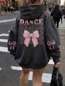 1件少女休闲印花套头卫衣，保暖内衬，长袖，秋冬季