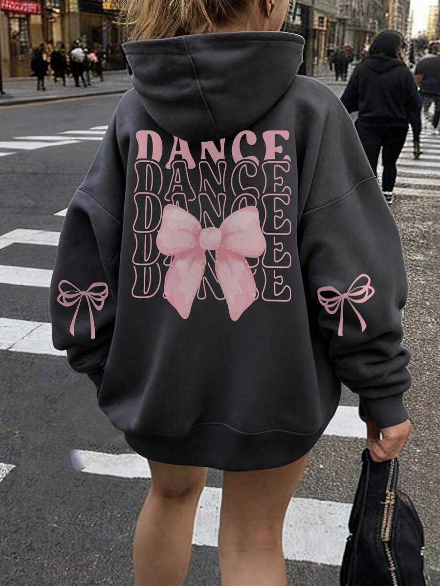 1件少女休闲印花套头卫衣，保暖内衬，长袖，秋冬季