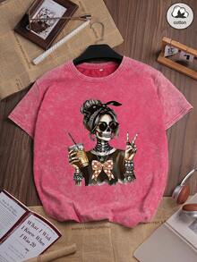Es Trus Cotton, Summer Women's Fun Print Hip-Hop "Skull Girl" Personalized Pattern Print Street, Korean Comfortable Retro Fashion Commuting All-Match Y2k Clothing Women's Clothing, Suitable For Outdoor Leisure, Regular Niche Punk Stylered Well-Fitting Round Neck Short-Sleeved Washed T-Shirt Casual - Red - View 1