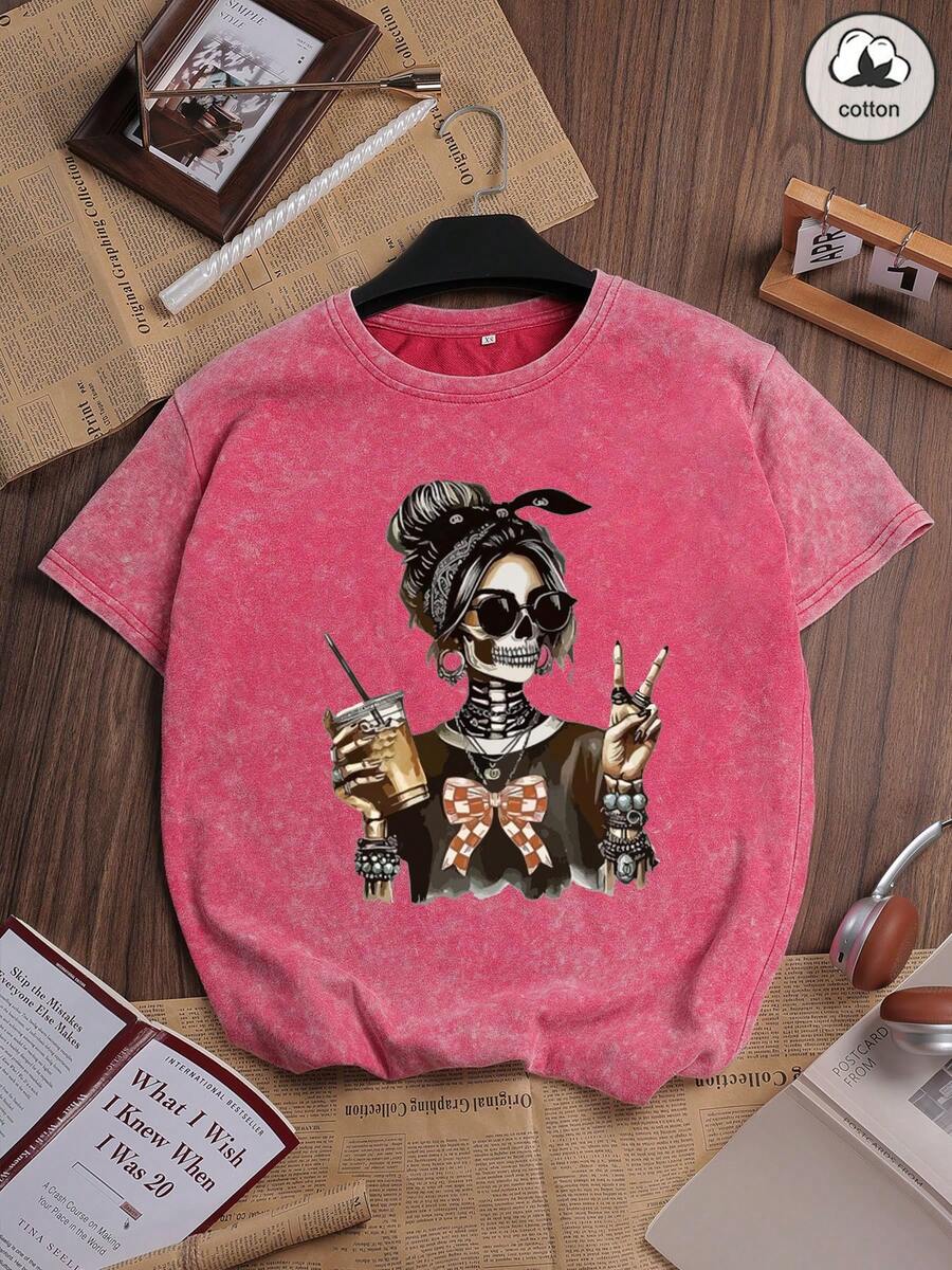 Es Trus Cotton, Summer Women's Fun Print Hip-Hop "Skull Girl" Personalized Pattern Print Street, Korean Comfortable Retro Fashion Commuting All-Match Y2k Clothing Women's Clothing, Suitable For Outdoor Leisure, Regular Niche Punk Stylered Well-Fitting Round Neck Short-Sleeved Washed T-Shirt Casual - Red - View 1