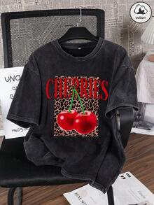 Es Trus 纯棉夏季女式趣味图案T恤，街头风豹纹樱桃字母图案，舒适复古基础款休闲时尚Y2K T恤，适合户外活动，常规款小码朋克修身黑色圆领短袖水洗T恤 - 黑色 - 查看 2