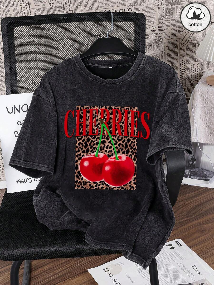 Es Trus 纯棉夏季女式趣味图案T恤，街头风豹纹樱桃字母图案，舒适复古基础款休闲时尚Y2K T恤，适合户外活动，常规款小码朋克修身黑色圆领短袖水洗T恤