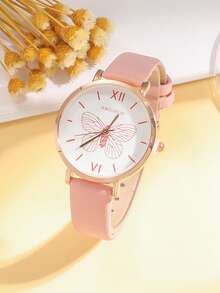 Set de 6 relojes de cuarzo con esfera redonda de estilo minimalista con diseño de corazón árabe y correa de cuero, talla grande un reloj de mariposa, adecuado para cumpleaños, Halloween y regalos - Rosa - Ver 2