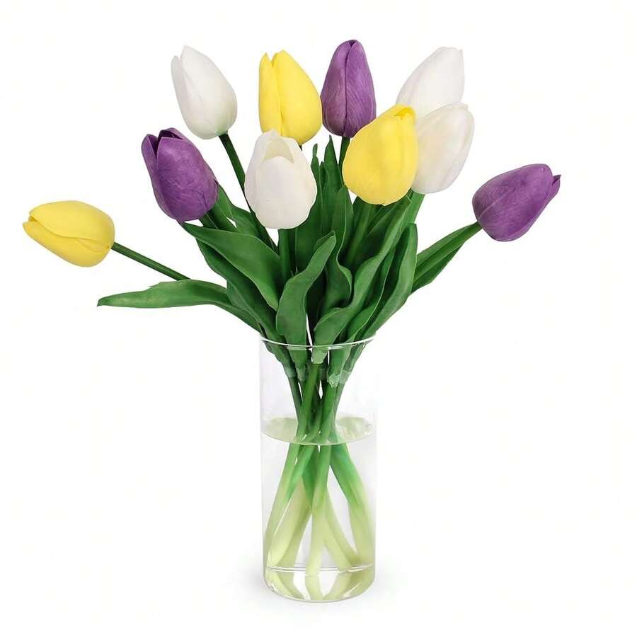 Artificial Tulips Flowers In Vase - 10pcs Fake Tulips With Vase - Multicolor Real Touch Tulip Faux Latex Flower For Easter Spring Wedding Bouquet Centerpiece Floral Arrangement Cemetery Table Decor,White - trắng - Xem 1