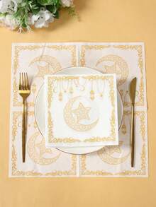 20pcs Disposable Eid Mubarak Napkins, Star & Lantern Pattern, White & Gold Color, Suitable For Ramadan, Eid Al-Fitr, Eid Al-Adha, Islamic Ramadan Events And Parties Decoration