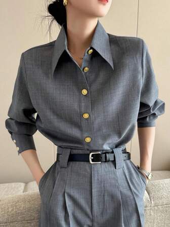 Elegant Office Lady Commuting Women's Blouse Plain Casual Long Sleeve Shirt Collar Regular Tops Daily Spring Fall