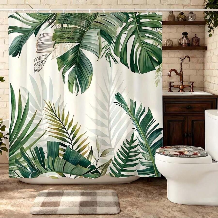 1件装热带树叶图案浴帘，布艺浴室装饰套装，带挂钩，绿色植物树叶丛林自然艺术浴帘，现代家居配件，适用于浴缸或淋浴间，波西米亚风格涤纶浴帘，带挂钩
