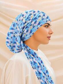 1pc New Ditsy Floral Crinkle Headscarf Hat, Versatile Women's Long Tail Tie Headband Cap, Fashionable & Elegant - Multicolor - View 13