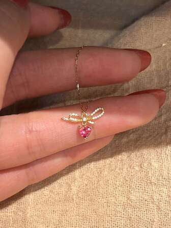 1 S925 Sterling Silver Sweet Elegant Bow Heart Zirconia Pendant Necklace For Women Valentine's Day Jewelry Gift