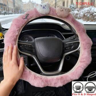 Cute Cartoon Teddy Bear Pink Fluffy Plush Steering Wheel Cover - Winter Warm Anti-Slip, Fits O & D Shaped Sedans/SUV/Truck, Stylish Warm Car Interior Accessory For Cold Weather