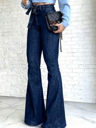 女式休闲纯色松紧腰喇叭牛仔裤，秋冬