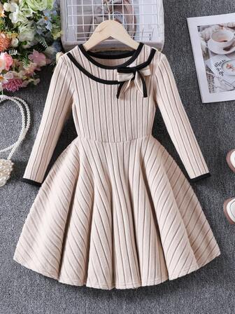 Young Girl' Elegant Bow Collar Long Sleeve Dress, Suitable For Casual Daily Wear, Spring/Autumn