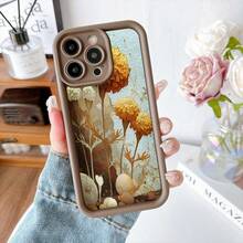 Cubierta de telefono con borde negro y diseño floral dorado y marron para iPhone 14 Pro Max elegante estilo natural ideal para uso diario y regalo - Blanco - Ver 5