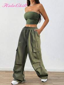 Pantalones cargo de mujer HoloChill de color liso verde oliva con múltiples bolsillos y botones, con cordón y pliegues, ropa casual y urbana para uso diario, aeropuerto, regreso a la escuela, otoño e invierno - Negro - Ver 1